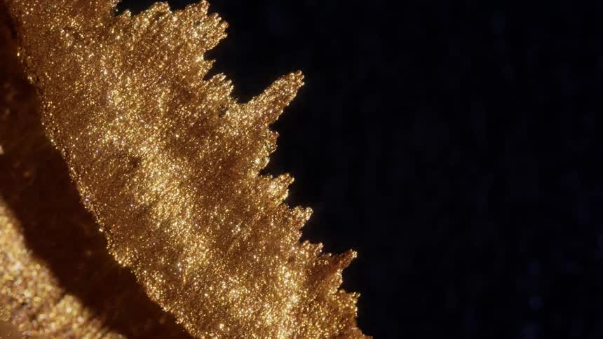 An extreme macro shot reveals the glittering, textured surface and intricate, crystalline edges of a golden object against a dark background
