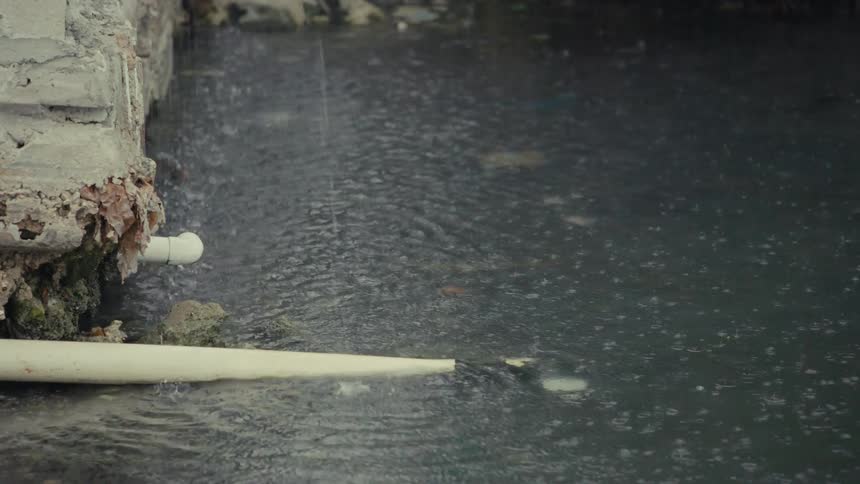 Raindrops fall onto the surface of dirty, stagnant water in a polluted urban drainage ditch