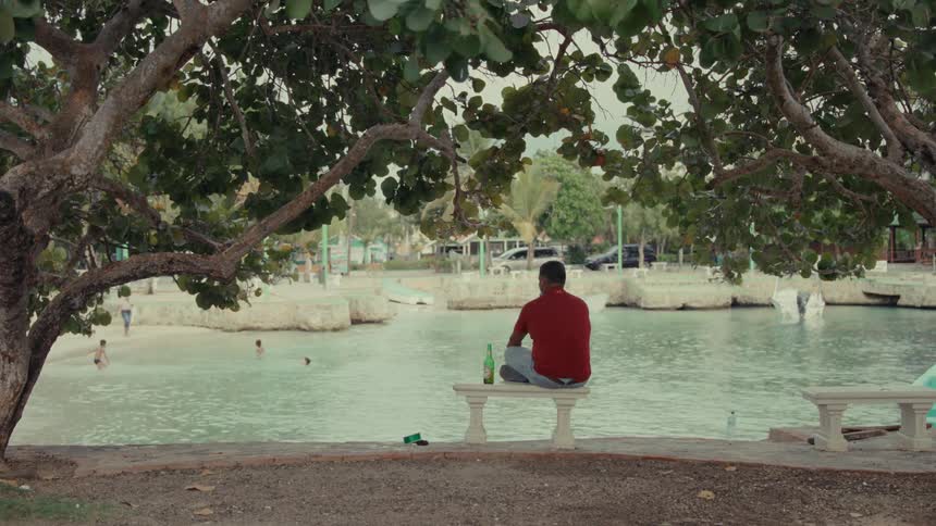 A man in a red shirt relaxes on a park bench under leafy trees, watching people swim in a calm coastal bay