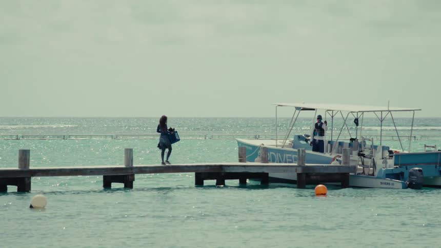 A woman carries a bag as she walks down a long wooden pier over the turquoise ocean to board a small tour boat