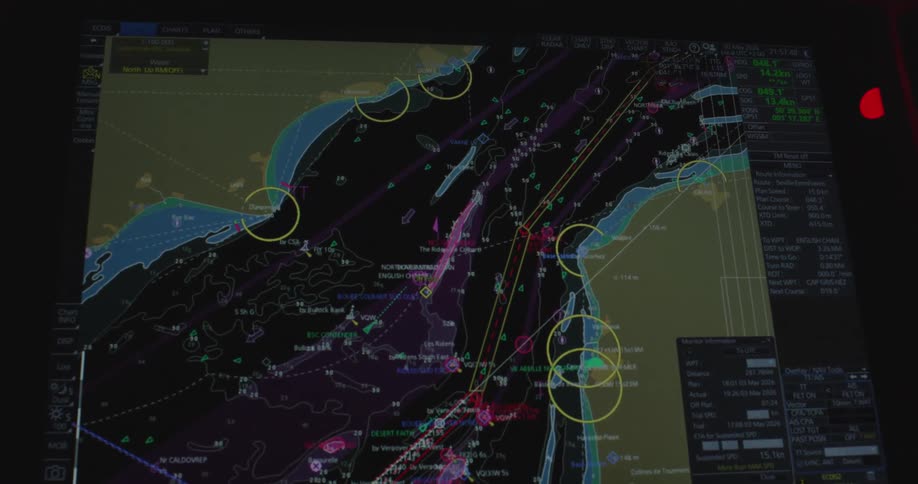 A detailed digital sea chart on a ship's bridge updates in a dynamic time-lapse, tracking the vessel's progress through a narrow channel