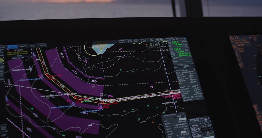 A close-up of a ship's electronic navigation chart system plotting a course on the bridge at twilight