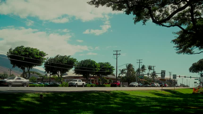 A serene view from a grassy park captures the flow of traffic on a windy day in a picturesque tropical town