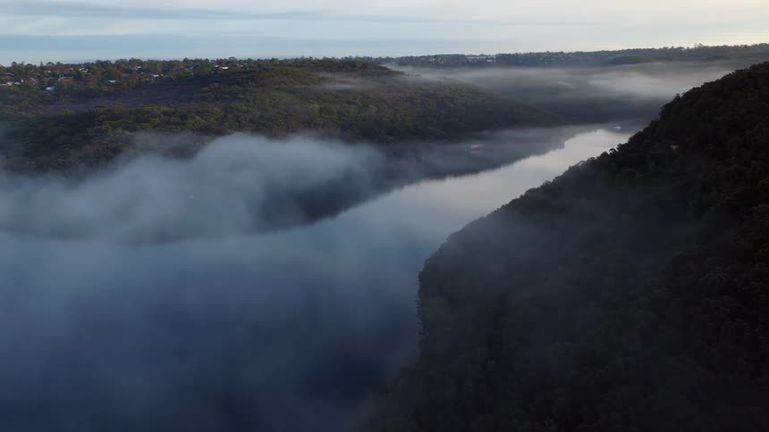 A serene aerial view shows thick morning fog rolling through a river valley surrounded by a dense, dark forest
