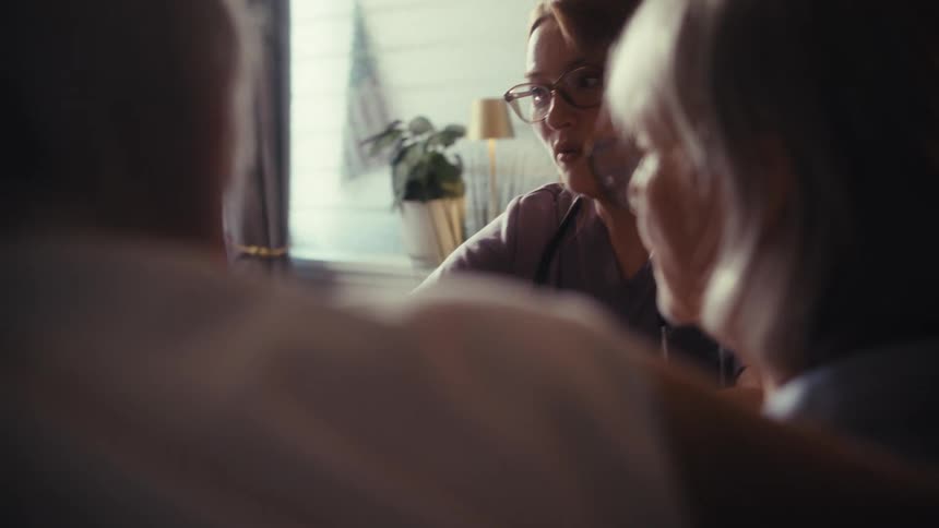 A caring female doctor reviews medical statistics on a laptop with an elderly couple during an in-home consultation