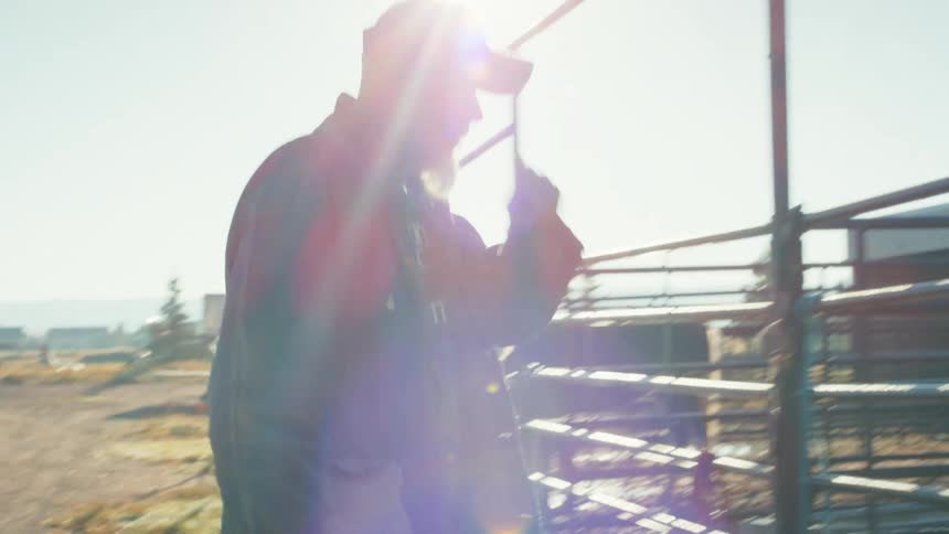 A hardworking older farmer with a white beard finishes his chores on a sun-drenched ranch, putting away his tools in a wheelbarrow