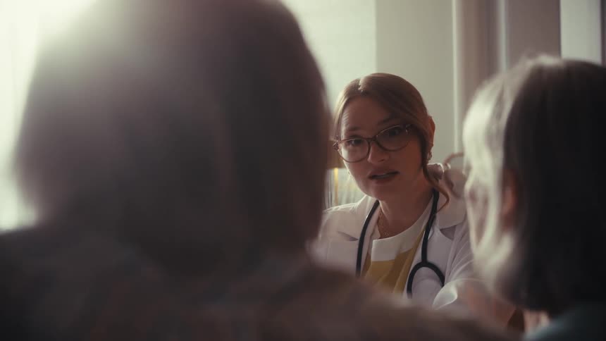 Empathetic young doctor in a white coat listens attentively and speaks with a senior couple during a consultation