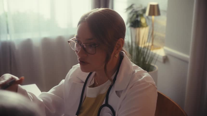 A compassionate female doctor discusses brain scan results with an elderly couple during a medical consultation in her office