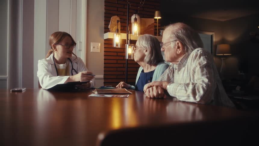 A female doctor provides an in-home medical consultation to an elderly couple at their dining room table