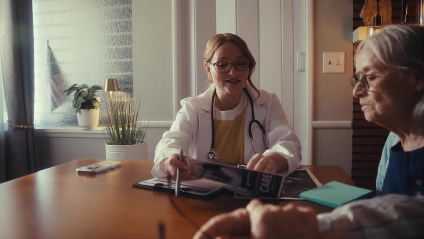 A compassionate female doctor makes a home visit to explain care options to an attentive elderly couple at their dining room table