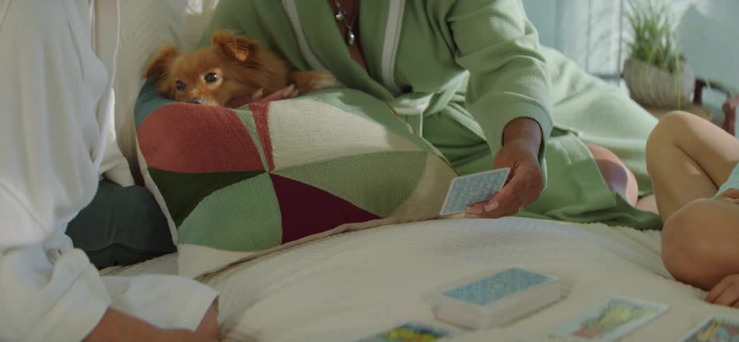 Two women in bathrobes with face masks on have a tarot card reading in bed with a small dog in slow motion
