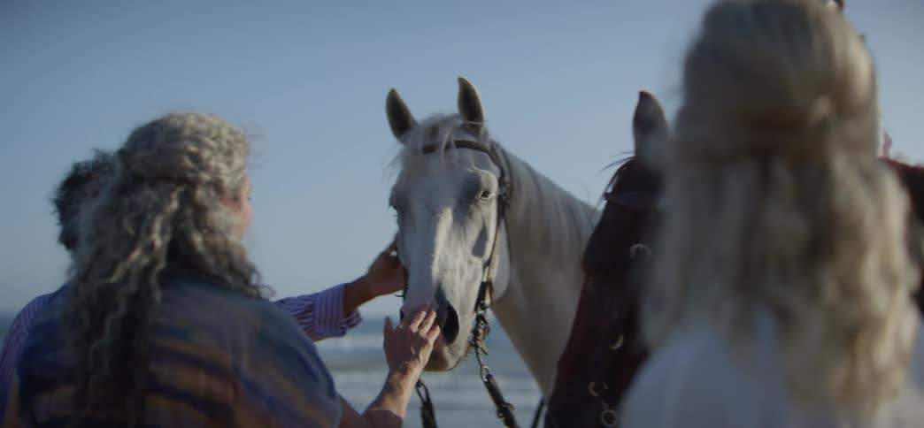 Over-the-shoulder slow-motion shot of senior women petting horses on the beach by the ocean