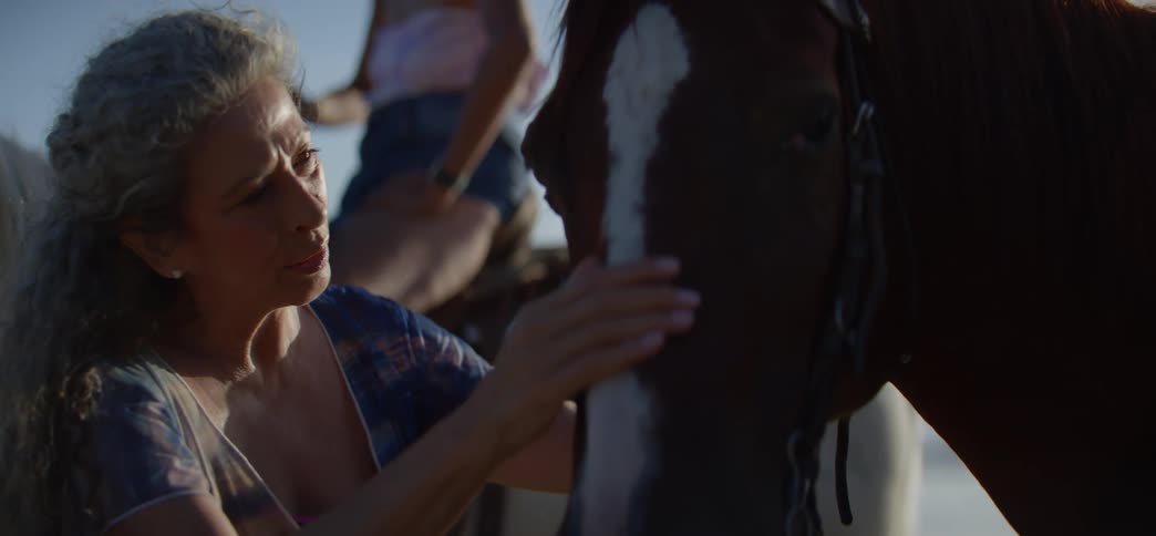 A mature woman with beautiful gray hair shares a tender moment with a brown horse, affectionately stroking its face and smiling
