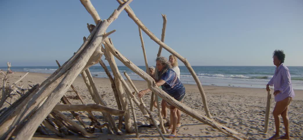 A diverse group of senior women friends joyfully collaborate to build a rustic driftwood shelter on a sandy beach