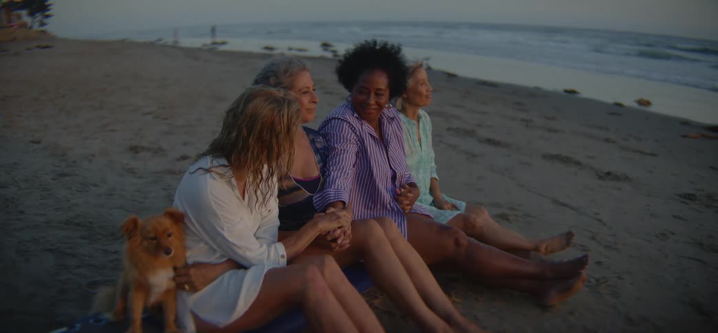 A diverse group of senior women with a small dog enjoy a tranquil evening together on the beach, talking and holding hands