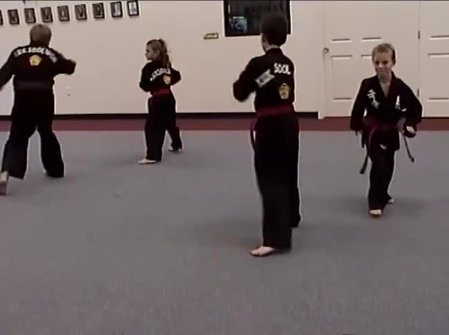 A group of focused children in a martial arts class practice a synchronized routine of kicks and punches