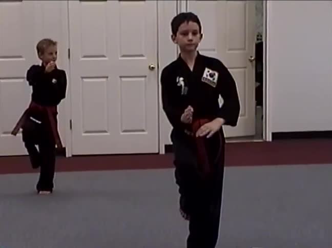 Two focused young boys with red belts practice synchronized martial arts moves together in a dojo