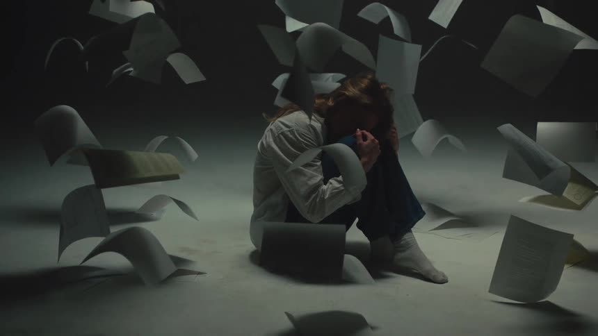 A distraught woman sits in a dark, empty room, overwhelmed as sheets of paper fall around her in slow motion