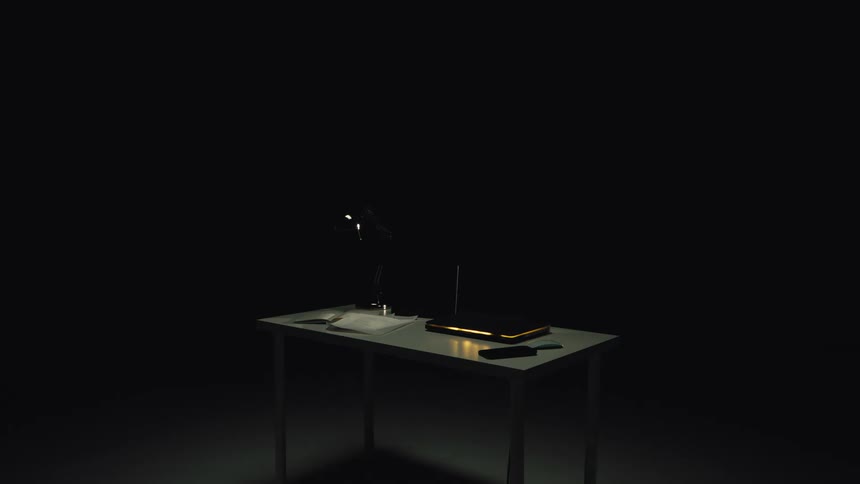 A single light illuminates a desk with a laptop and a blinking router, creating a mysterious and suspenseful atmosphere