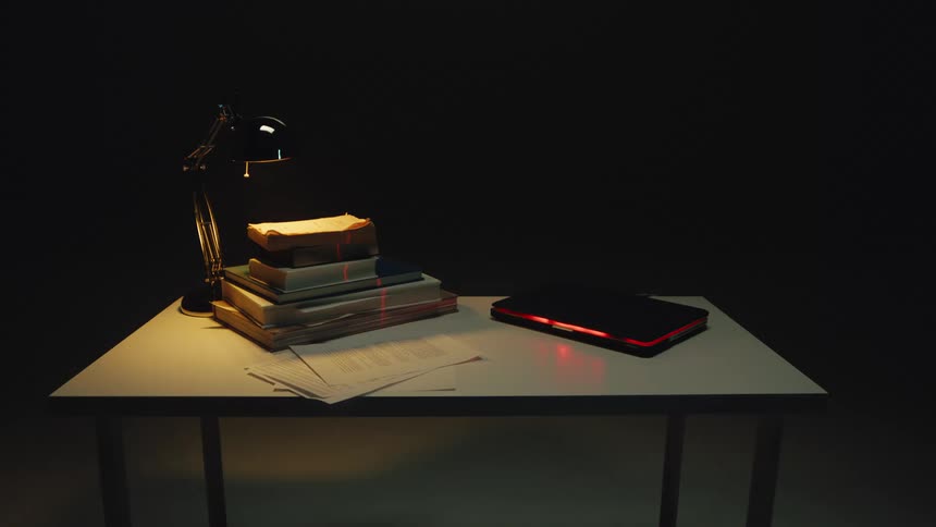 A futuristic red laser scans over a stack of old books, documents, and a laptop on a desk in a dark room
