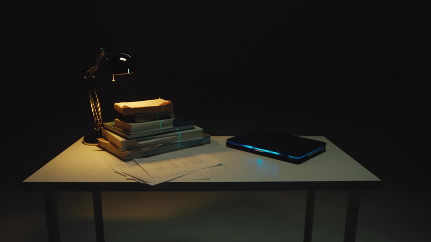 A futuristic blue light scans a stack of old books and a modern laptop on a desk in a dark room