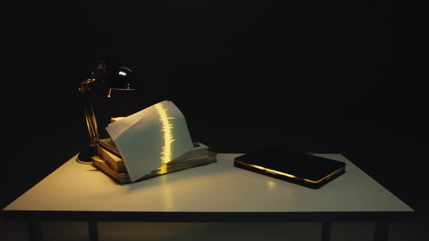 An animated soundwave of light scans over books and paper on a desk in a dark, atmospheric setting