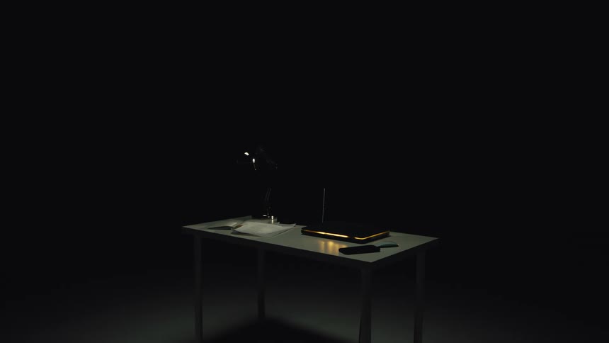 In a dark, shadowy room, a laptop on a desk mysteriously powers on and off