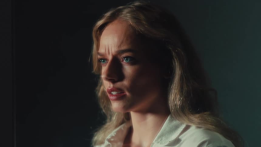 A young blonde woman with a concerned expression looks on in a dramatically lit, dark room