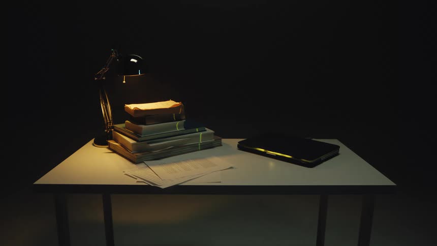A desk lamp illuminates a stack of old books and a laptop in a dark, quiet room, representing the contrast between traditional and modern learning