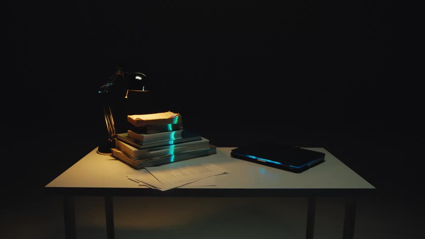 Futuristic light scans a stack of old books on a dark desk, symbolizing the digitization of knowledge