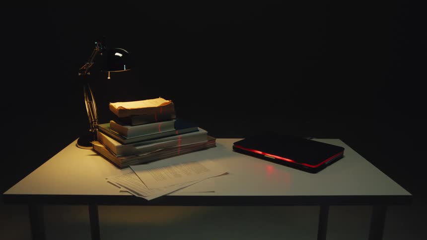 High-tech laser scans across a desk with old books and a modern laptop in a dark, mysterious room