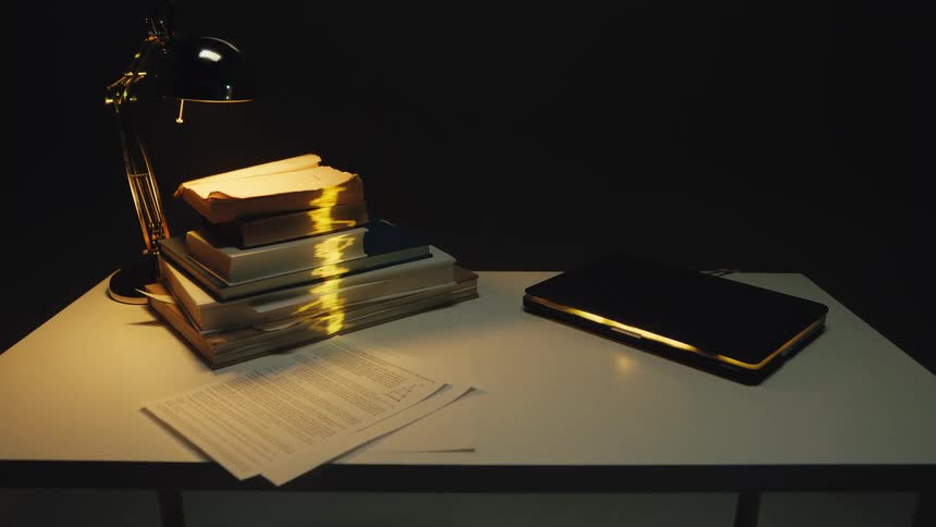 A mysterious golden audio waveform passes over a stack of books and papers on a dark desk, causing the pages to magically flip