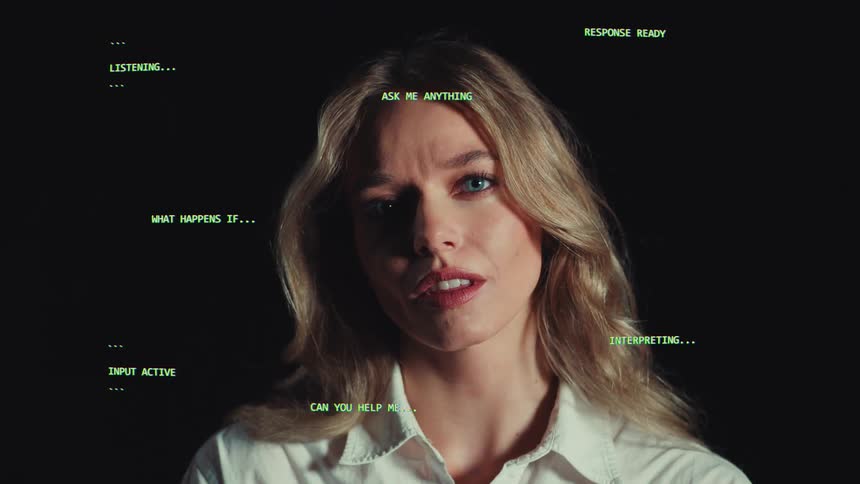 Close-up of a woman's face with green text prompts appearing on screen, representing an artificial intelligence chatbot