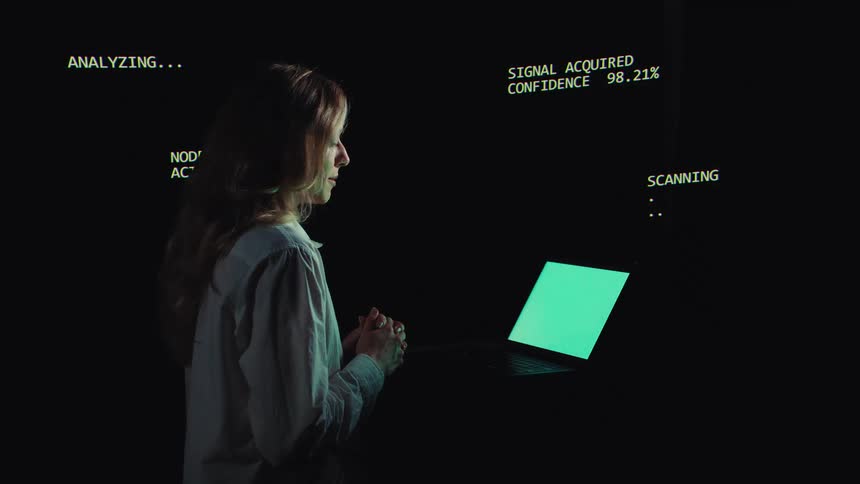 A woman in a dark room analyzes complex data on a green screen laptop as a futuristic holographic interface is projected onto the wall