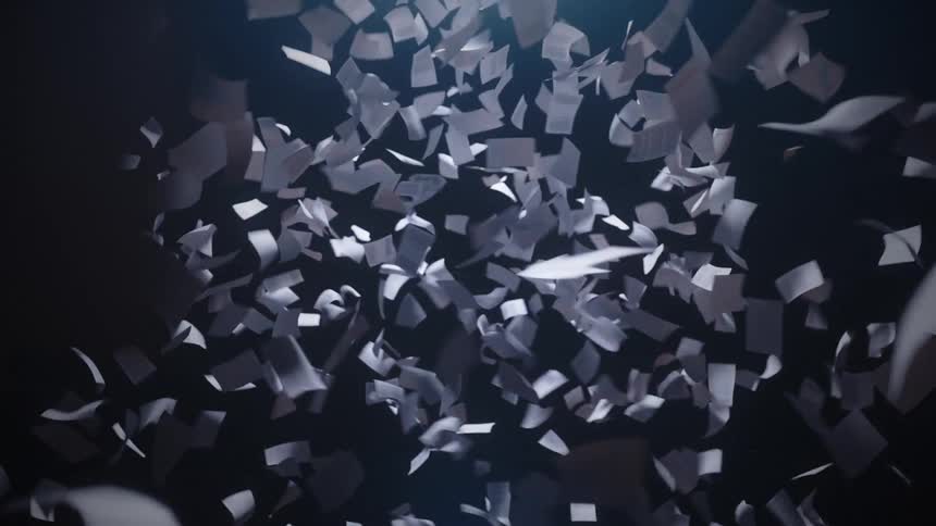 A chaotic vortex of white documents and papers swirl and fly in slow motion against a dark background