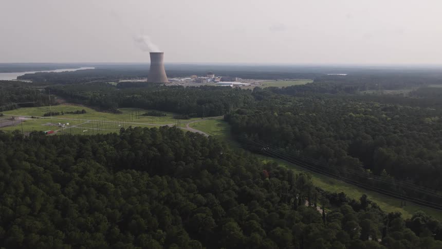 A wide aerial shot reveals a nuclear power plant and its cooling tower emitting steam, nestled within a vast, dense forest landscape