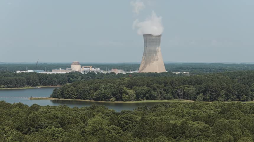 Wide aerial shot of a nuclear power plant's cooling tower emitting steam, rising above a vast green forest and a serene lake
