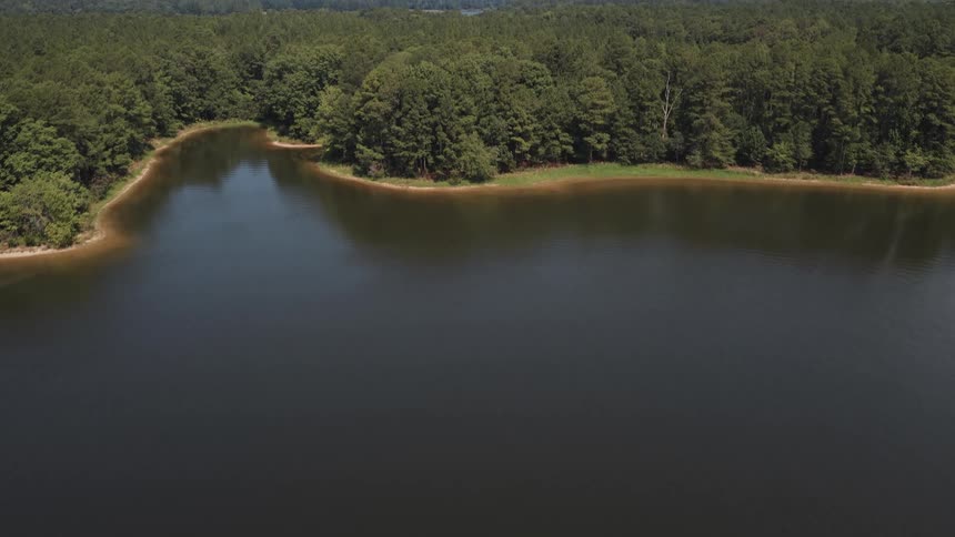 An aerial shot tilts up from a dark lake to reveal the Shearon Harris Nuclear Power Plant's cooling tower rising above a vast forest