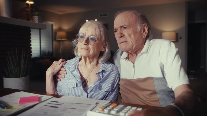 A worried elderly couple reviews their finances at the dining table, seeking solace in each other's embrace