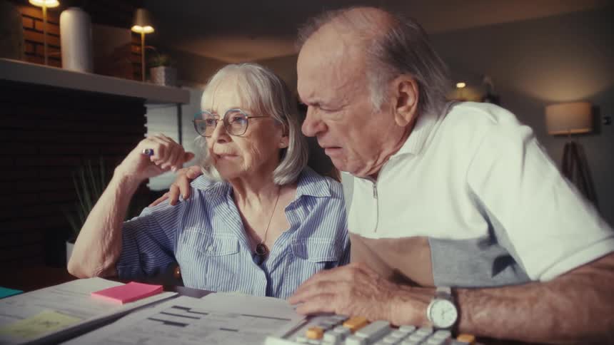 A concerned elderly couple discusses their finances, looking stressed and anxious while reviewing documents at their table