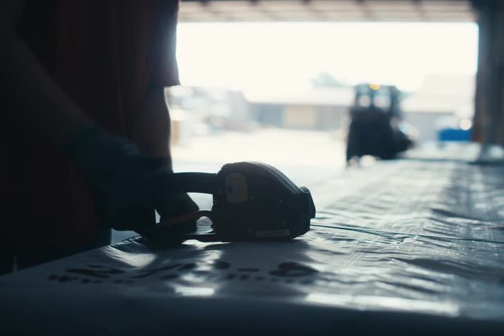 A warehouse worker uses an electric strapping tool to secure a large package for shipping