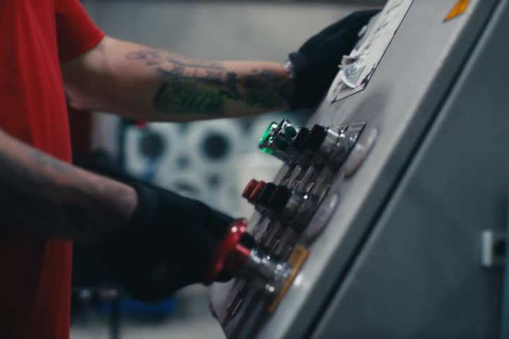 A factory worker with tattoos wearing black gloves presses the emergency stop button on a machine's control panel