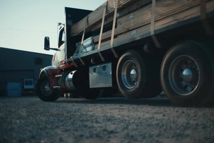 Low-angle cinematic shot of a flatbed semi-truck loaded with lumber parked in a gravel lot at sunset