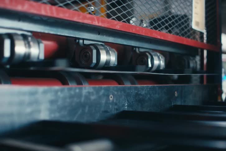 Close-up of a metal sheet being processed by rollers on an industrial production line in a factory