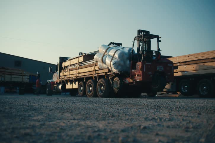 A rack focus reveals a large flatbed truck with a forklift attached, parked in a lumber yard during the golden hour