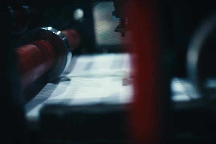 An industrial printing press rapidly churns out sheets of uncut currency in a dimly lit facility