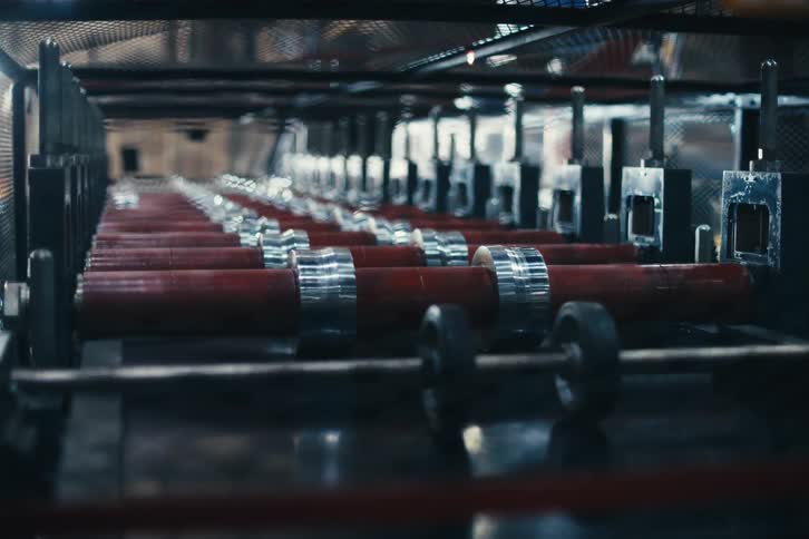 A static close-up shot of a long conveyor belt with red and silver rollers inside an industrial factory