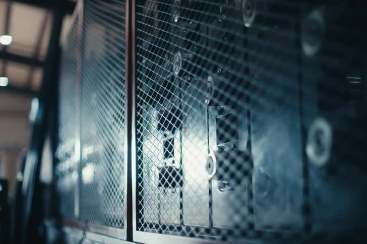A powerful industrial machine operates behind a metal safety cage in a cinematic, moody factory setting