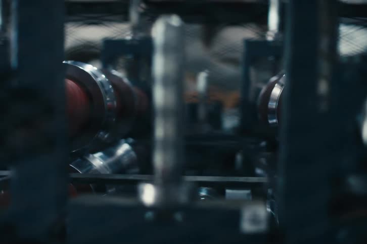 A close-up view through a safety guard shows a red cable being processed by automated machinery on a factory production line