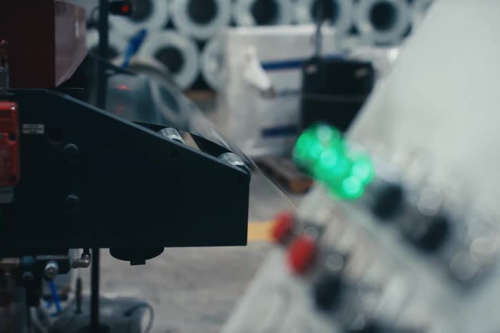 An automated machine processes a thin metal sheet on a conveyor belt with a blurred control panel in a factory